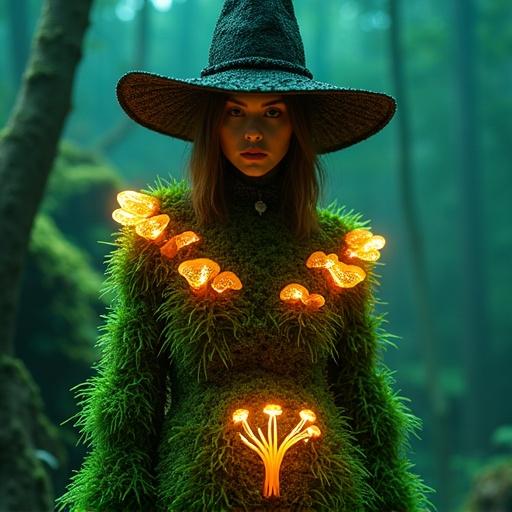 A female witch cloaked in living moss features glowing fungi. Neon green and neon orange colors dominate. Represents fashion and style in haute couture. Material influences from TeamLab.