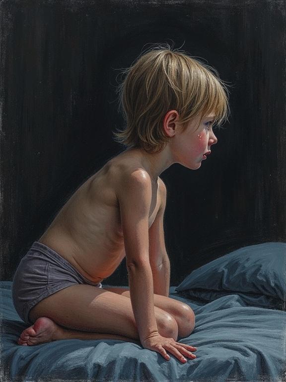 Realistic drawing of a bare-chested child in a dark room. The child has a scared expression and is sitting on a bed. The scene conveys emotion with a focus on the child's profile.
