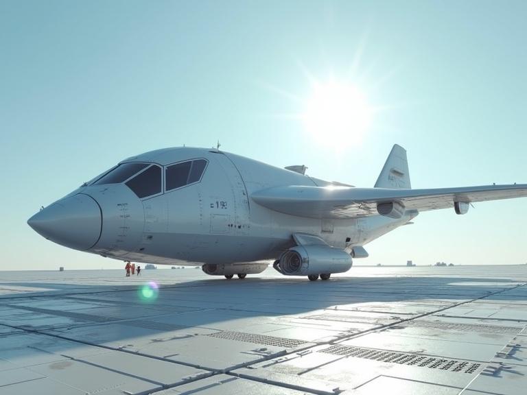 Cinematic live action image of a sleek fictional drop ship in a sunny desert. The drop ship features a grey scratchy surface with polygonal bevel designs. A bright sun is positioned behind it creating a long blue lens flare. The scene includes shiny silver metal crates and grate floor textures. Highly detailed realistic sci-fi aesthetics are emphasized.
