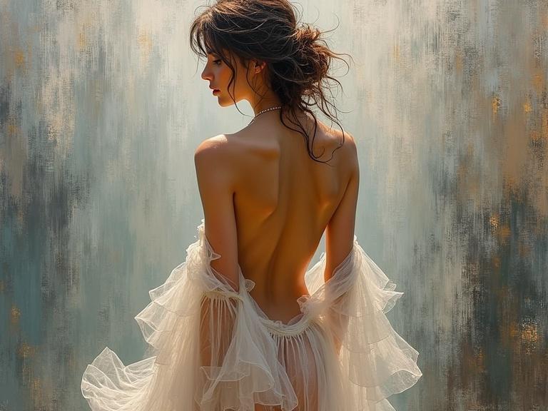 Impressionist painting with a see-through nude theme. Features a woman in profile. Style influenced by Berthe Morisot and Louis Royo. Multiple layers of textured brushstrokes create an optical illusion effect.