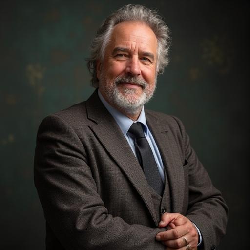 Portrait of a man around 45 years old with a beard and long grizzled hair. He has a sculpted but not muscular build and is wearing Scottish attire with a kilt.
