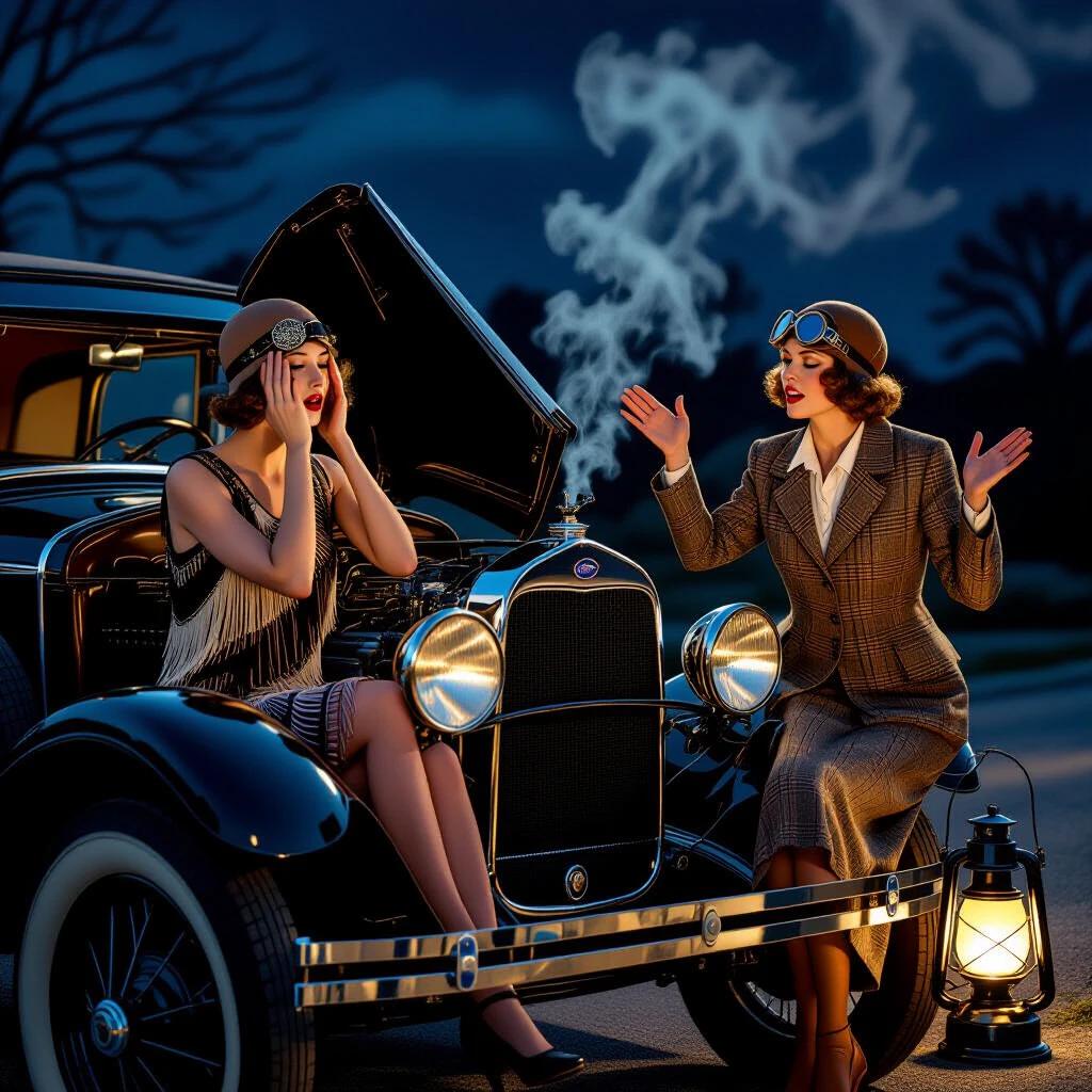 A vintage 1928 Ford Model A car parked at night with open hood. A flapper woman in a cloche hat and fringed dress covers eyes dramatically in the passenger seat. Another woman in tweed suit gestures towards the smoking engine. An emergency lantern casts shadows on the scene. Photo captures the era's fashion and mechanical details.
