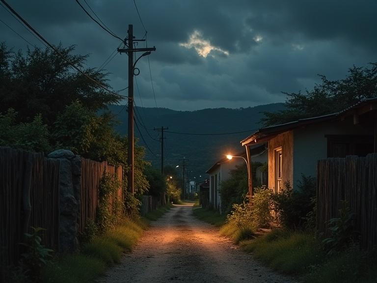 Night scene of a small rural town in Mexico from the 1960s. A gravel road stretches between residential houses. Soft light from a street lamp illuminates the path. Dark clouds linger overhead. Mountains are visible in the background. The setting conveys a calm, nostalgic atmosphere.