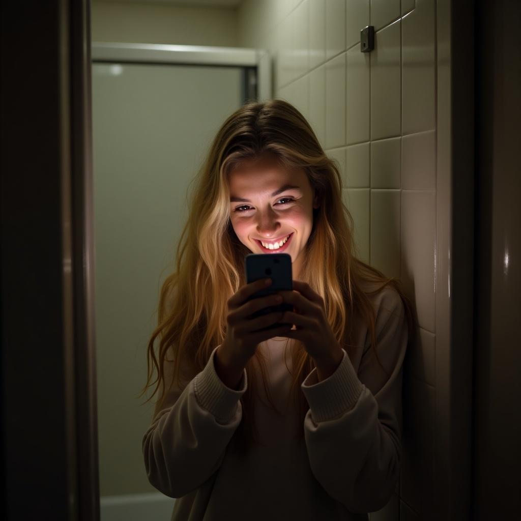 Cheerful teenage girl in dark bathroom holding smartphone. Long wavy blonde hair. Face hidden behind phone. Looks relaxed and happy.