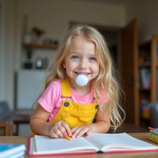 A young girl with light blond hair wears dungarees and a pink shirt while focusing on homework. She has a pacifier and is seated at a table in a bright room. The scene conveys a nurturing and educational atmosphere.