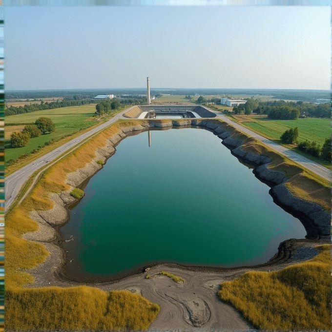 A large body of calm green water surrounded by rocky embankments and grassy landscapes under a clear sky.