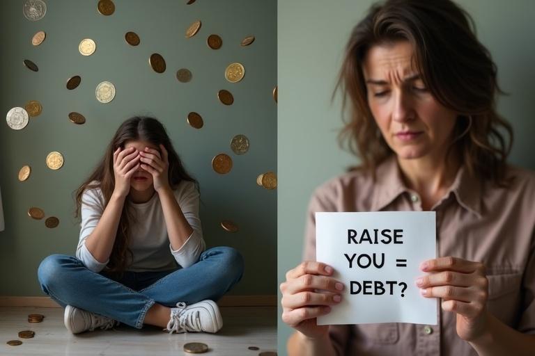 Left side shows a girl in distress among floating coins and IOUs. Right side features an angry mother with a sign questioning financial responsibility.