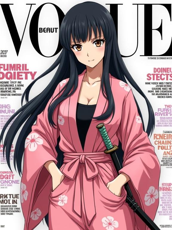 Female character inspired by Shunsui Kyōraku wears a pink floral kimono. One hand is on hips and the other grips a katana. Kent's body is relaxed with a serious expression. Hair is long and black. Background resembles a fashion magazine with titles and a subtitle saying 'SOUL SOCIETY'. Anime art style features bold lines and a slight high angle.