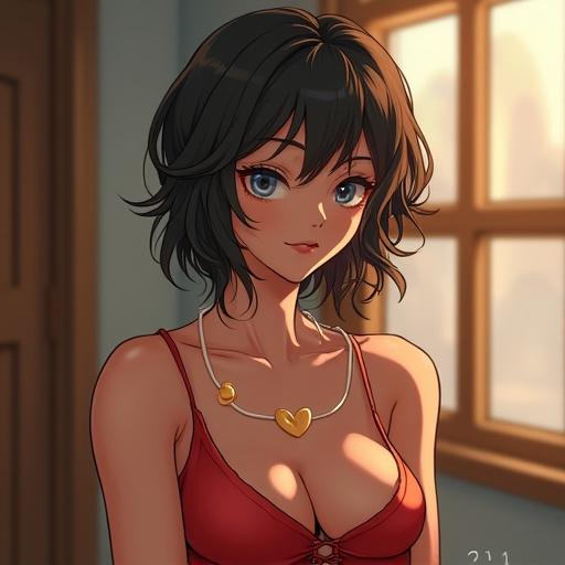 A 31-year-old woman with an unkempt appearance looks delicate. She has a thin figure and is depicted as a career woman. Her dark hair is styled in a casual way. She wears a red outfit complemented by a heart necklace. There is a soft background with natural light coming through a window.