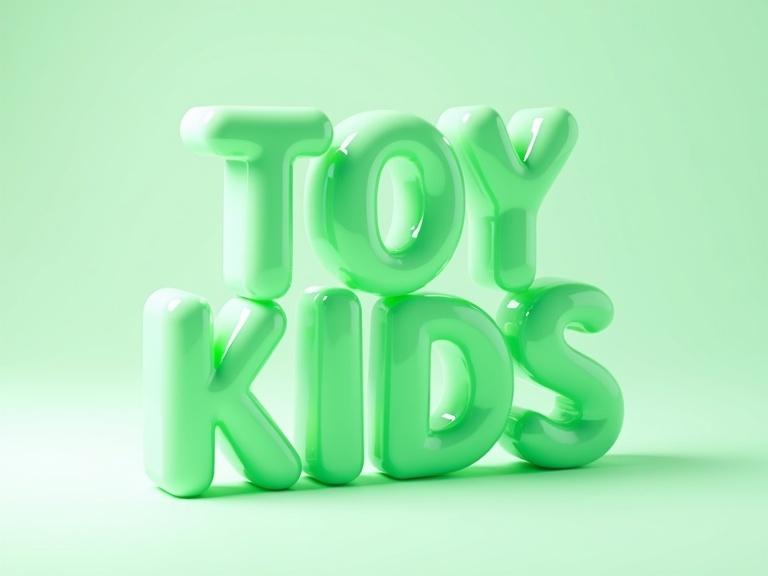 3D rendering of the words TOY KIDS styled in fresh green glass-like material with bright color highlights. The text appears smooth and connected. Set against a minimal light neutral gradient background with soft shadows.
