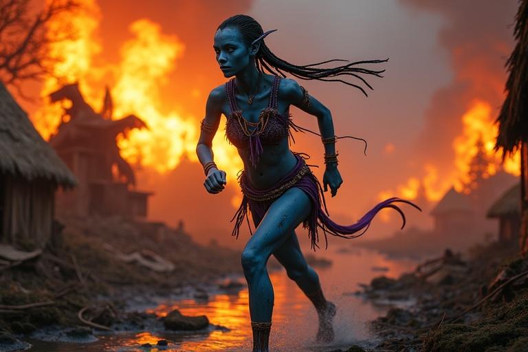 Village engulfed in flames; huts collapsing; magical fish boiling; smoke and ash in the air. Kaari runs through wreckage with determination. Tall Na’vi female in radiant blue skin; soot and ash. Athletically built; swift movement. Long tail and high cheekbones; feline golden eyes. Wears torn traditional attire with tribal ornaments. Shields child from debris.