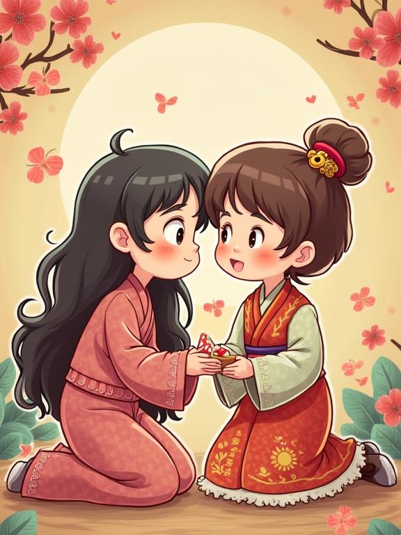 Two girls in kimonos exchanging a gift in a cheerful setting with flowers. Characters are styled in chibi art. Soft pastel colors create a warm atmosphere.