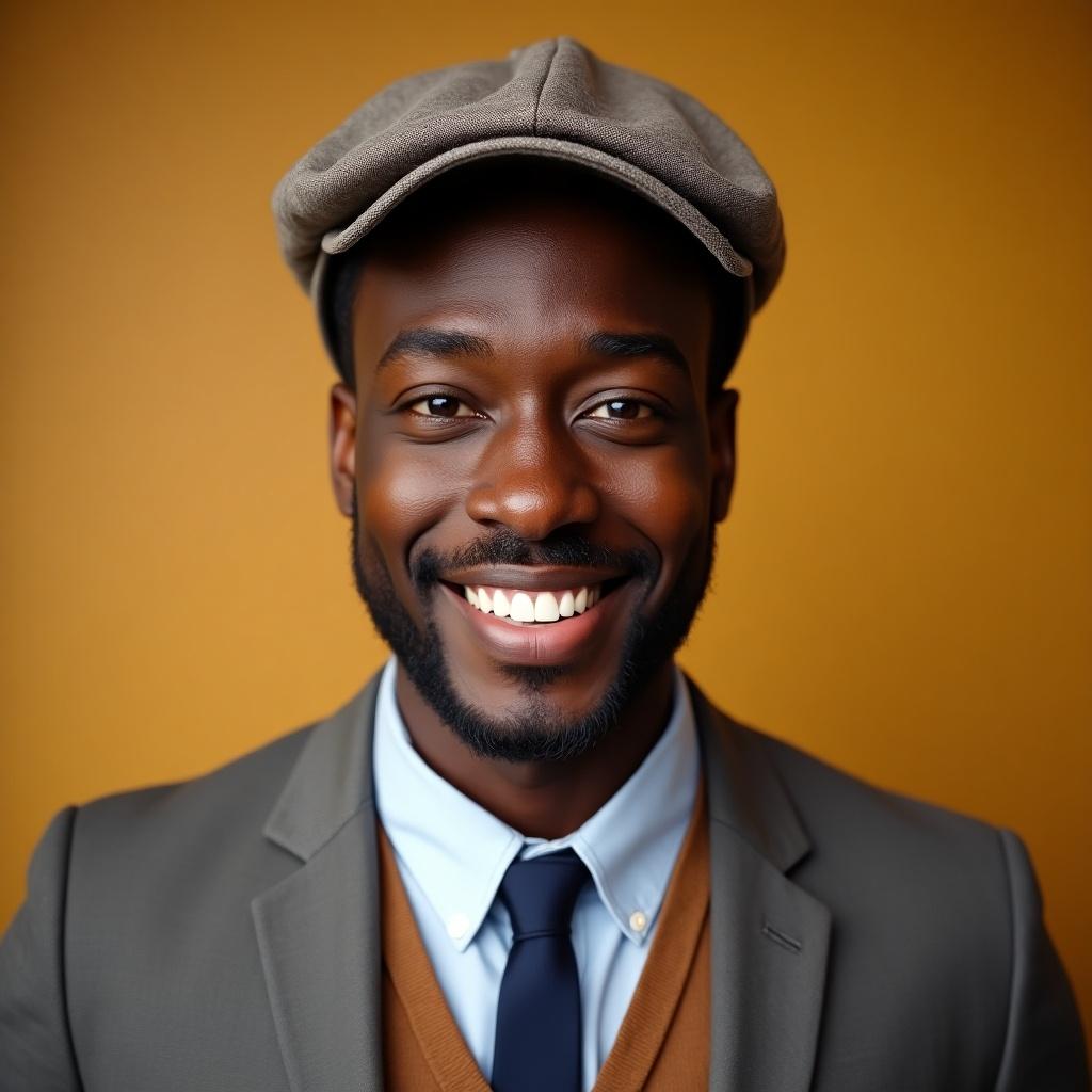 Generate an image of a chocolate-colored man with a warm, friendly smile. He is wearing a fashionable cap and a formal tie. His hair is short and neatly styled, complementing his smart casual outfit that blends professionalism with style. The background should be simple and unobtrusive, ensuring the focus remains on him. The lighting should be warm and inviting, accentuating his features beautifully.