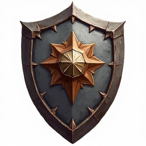 Icon of an ancient fairy battle shield designed for a card game. Gray and brown colors. Size is 48 x 48 pixels. In the style of World of Warcraft. Transparent background.