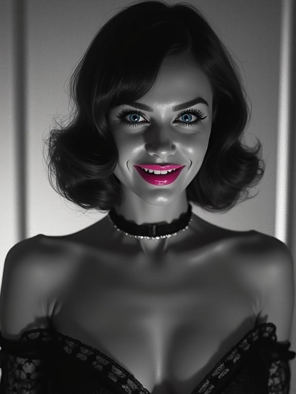 3D black and white image of a captivating femme fatale with an attractive smile. Features beautiful vivid pink lips and bright blue eyes. The model wears a short dress and has long legs in a stunning pose.