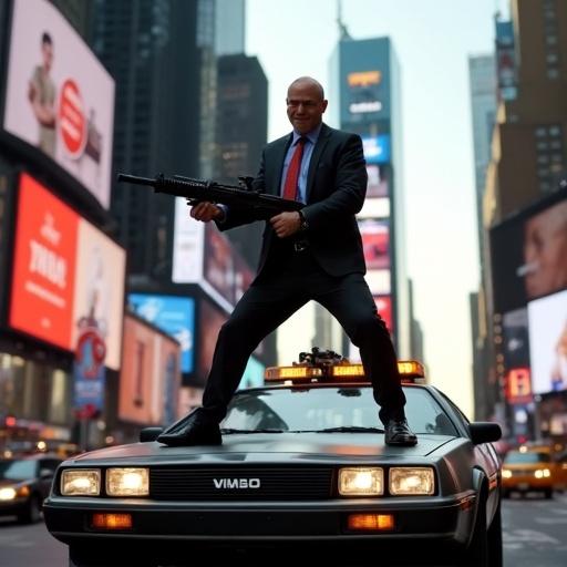 A man standing confidently on a Delorean holding a machine gun in Times Square. Bright advertisements in the background. Night scene with vibrant colors. Dramatic and urban atmosphere.