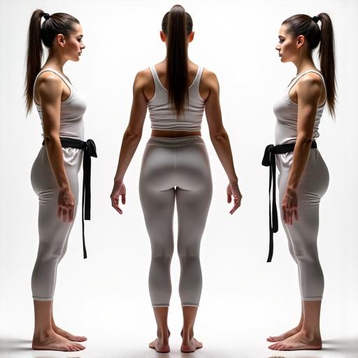 Athletic female model demonstrating karate poses in fitted attire. Showcase various stances highlighting strength and flexibility. Neutral background enhances focus on the subject. Clean and modern aesthetic throughout.