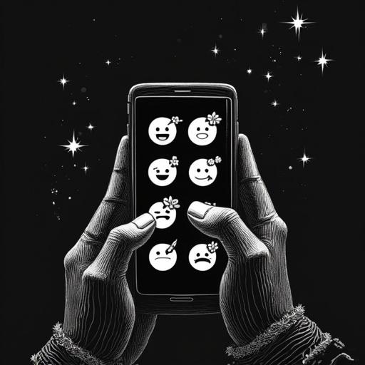 Line art on a black background. Hands hold a smartphone displaying melting emojis, broken hearts, and fading notification balloons. A lightly outlined human figure looks at the screen. Background features disconnected lines symbolizing empty connections. Critical, minimalist, and melancholic aesthetics.
