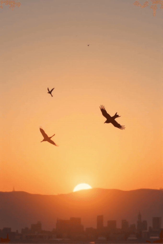 Birds flying against a vibrant sunset sky over a distant city skyline.