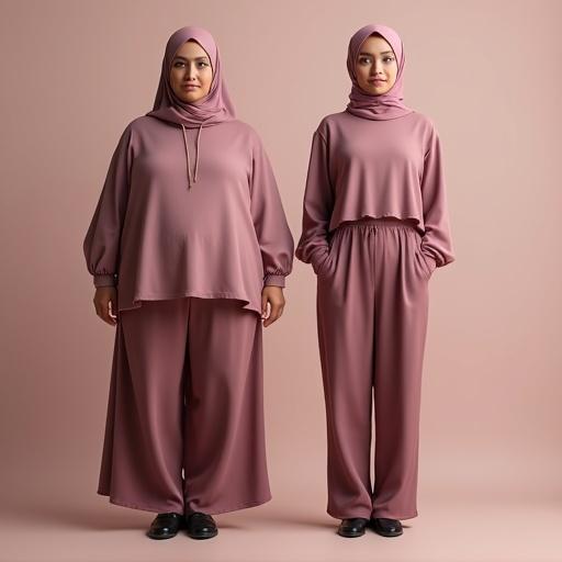 Hyper-realistic front view image of modern Egyptian veiled woman appearing twice side by side in seamless scene. Both versions wearing stylish, modest outfit: flowy chiffon blouse tucked into wide-leg tailored pants with soft layers and clean design. Left side woman is overweight with unbalanced body shape and slouched posture, facial expression sad. Right side woman has well-shaped body, standing upright with slight smile. Modern hijab style complements chic outfit. Outfit colors are shades inspired by palette including dusty rose, mauve, soft plum. Solid, minimal background tying the mood together with no divider between figures.