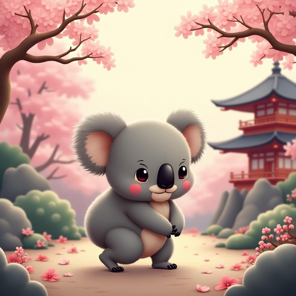 The image features a cute koala wandering in a serene environment reminiscent of Japanese culture. The setting is filled with blooming cherry blossom trees, adding a soft pink shade to the scene. The koala is portrayed in an adorable cartoon style, with big expressive eyes and a gentle smile. In the background, there's a traditional Japanese pagoda surrounded by lush greenery, enhancing the cultural aspect of the illustration. The overall atmosphere is warm and inviting, perfect for appealing to children and adults alike.