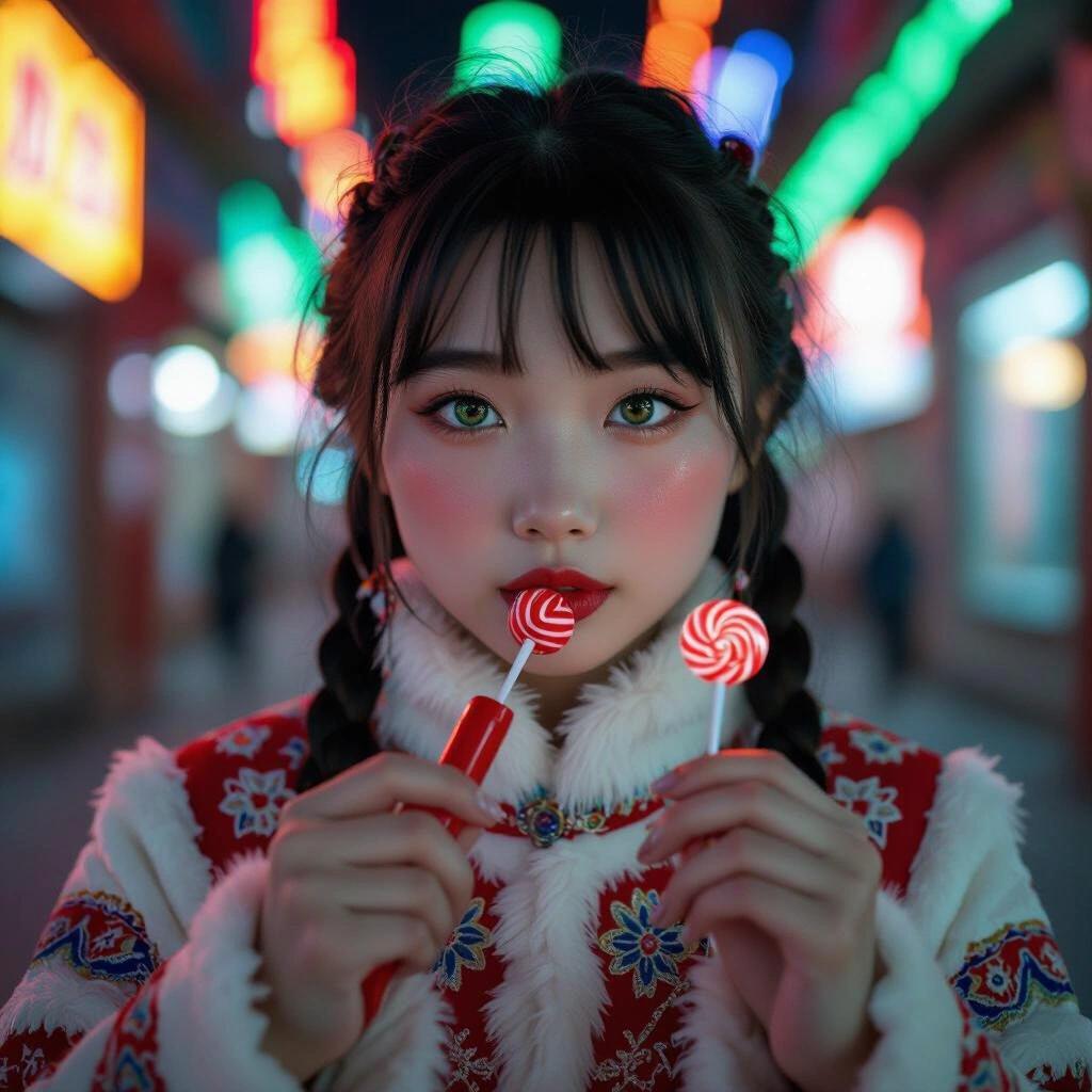 A young Asian girl with round face wearing traditional Siberian clothes holding a red joystick and a lollipop. Her hazel green eyes and sadistic smirk stand out. Neon lights illuminate the scene.