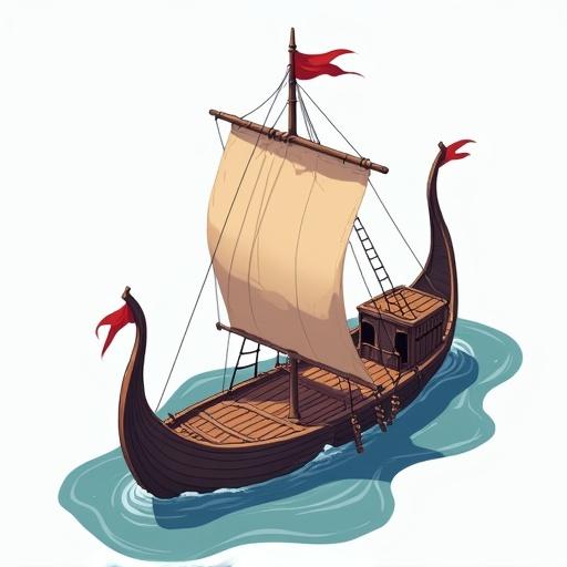 Illustration of a Viking ship in a 2D vector style. Ship has sails and distinct design elements. Solid colors, clean lines and no gradients are present. The ship is centered in a wide shot with a matte finish.