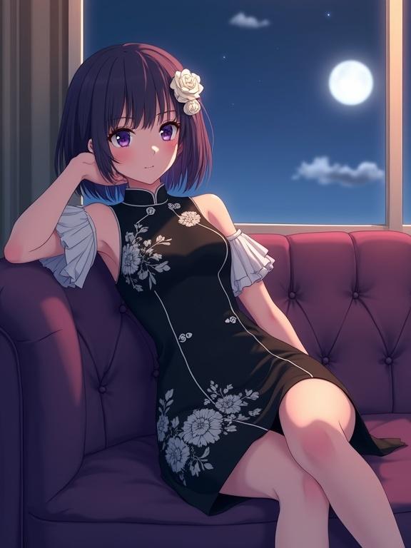 A full-body shot of an anime woman with dark purple bob hair and a white rose accessory. She wears a black cheongsam with white floral patterns and sheer white ruffled sleeves. She lounges on a tufted purple sofa in a retro coffee shop. A full moon shines through a window at night creating warm lighting.