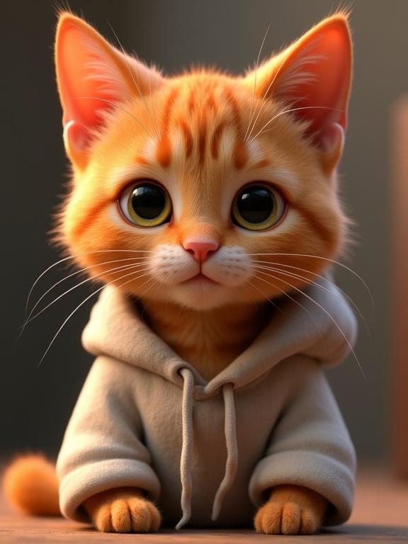 Close-up rendering of a cute orange tabby cat in a hoodie. Cat has large eyes and a deadpan expression. Background has soft shadows with a centered focus on the cat.
