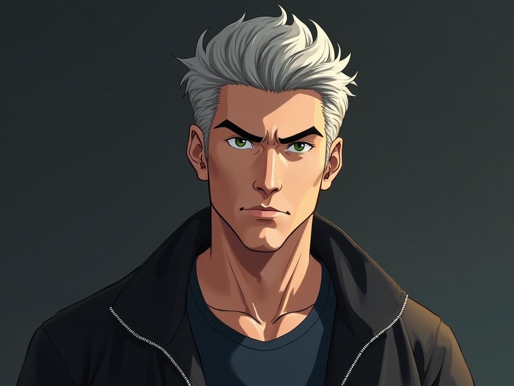 This image features a hyper-realistic anime male character in his mid-40s, showcasing stylish short salt-and-pepper hair meticulously arranged. His strong, defined jawline and serious & contemplative expression highlight his character. The sharp green-brown eyes draw attention, complemented by clean-shaven stubble. Dressed in a black Columbia jacket over a navy t-shirt, he embodies a modern look. The studio lighting casts subtle shadows across his detailed skin texture, lending depth to the portrait. The art incorporates styles from Ilya Kuvshinov and Sakimichan, resulting in a photorealistic rendering with a muted color palette and dramatic side lighting.