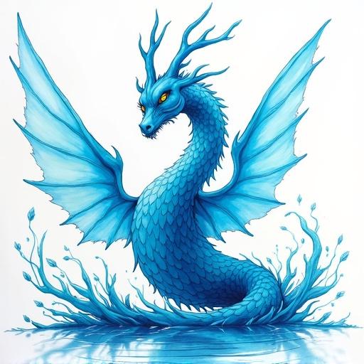 Aqua dragon in fantasy ink art style with a blue and white color scheme. Dragon has elaborate wings and a scaly body.