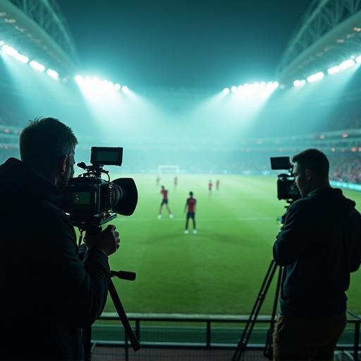 Cinematic scene inside a football stadium. Three professional cameras positioned at different angles. All filming a dramatic moment on the field. Atmosphere is epic and intense. Dynamic lighting casts a turquoise, white, and soft yellow glow. Stadium lights pierce through mist. High contrast and shallow depth of field enhance the quality.