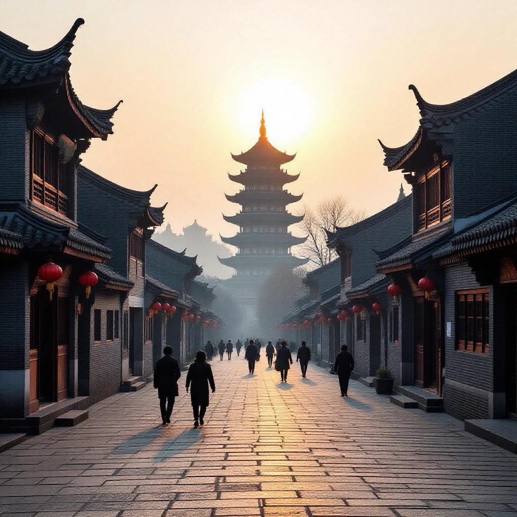 Long exposure photograph of a stone-paved street at sunrise in an ancient Chinese setting. Traditional buildings with dark roofs flank both sides. Tall pagoda rises into the sunny sky, silhouetted by haze. People in traditional clothing walk around.