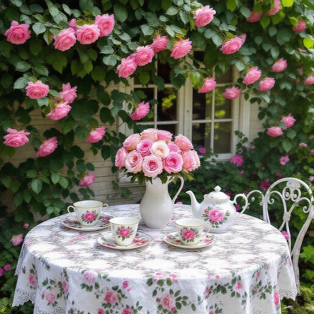 A white lace tablecloth covers a white table outdoors. Pink roses hang from vines above and around the table. A vase filled with pink roses is on the table. There is a white tea set with pink rose designs.