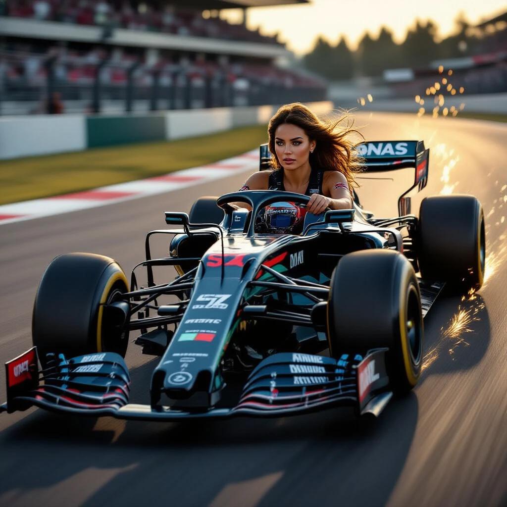 A woman intensely focused while driving a Formula 1 car at high speed. Her hair flows in the open cockpit. A dramatic low-angle shot captures sparks flying from the undercarriage. Tires grip the asphalt. There’s natural motion blur and rich reflections on the chassis. Lighting is golden hour creating soft shadows. Hyper-realistic skin texture and detailed facial expression are prominent. The style is photo-realistic and ultra high resolution.