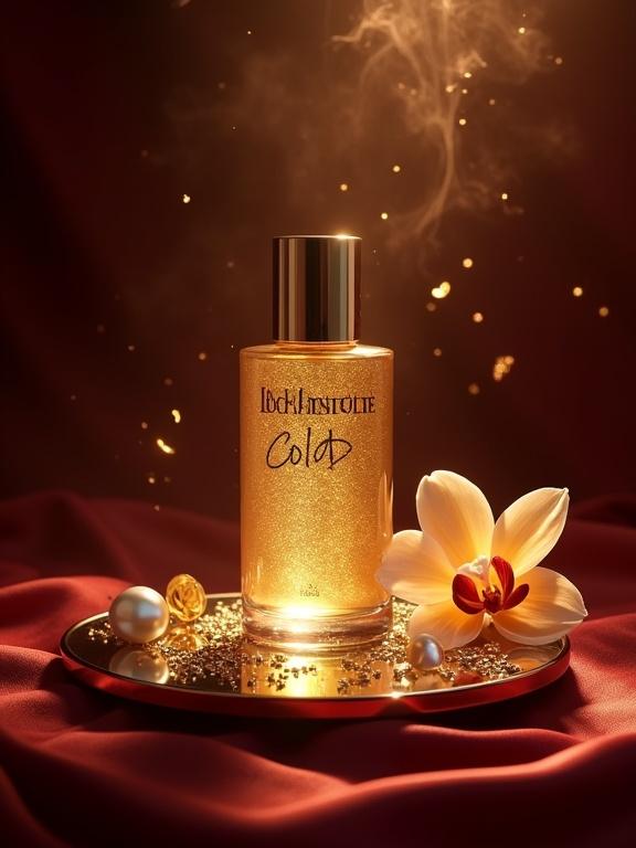 Photorealistic luxury beauty editorial shot of IDC Institute Gold Shimmer body oil. Bottle on round mirror with rich black and garnet red background. Soft golden glow highlights shimmer oil. Surrounded by gold flakes, pearls, orchid petals on silky surface. Golden smoke rises for mystical effect. Soft dramatic lighting enhances glass contours.