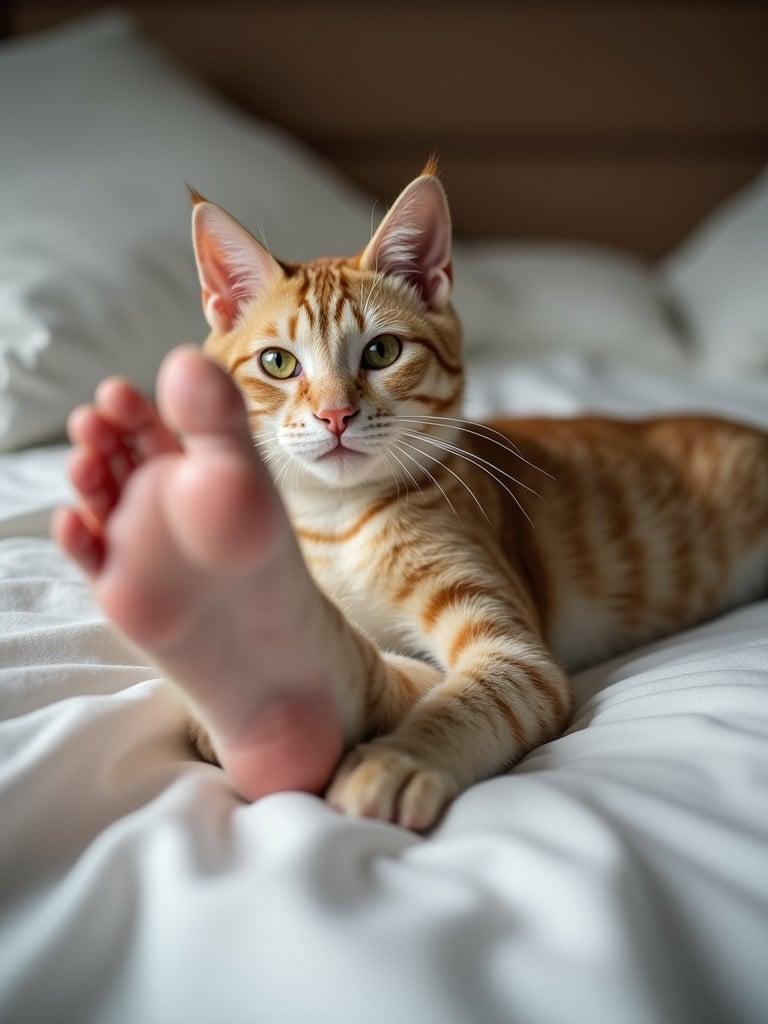 Cat resting on bed with paw extended. Cat has a ginger coat with stripes. Bed is made with white linens.