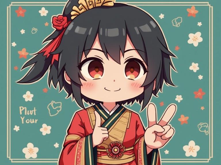 Charming digital illustration of a girl in traditional attire. Black hair with tattoos. She is posing with a peace sign and smiling. Background has floral patterns and a pastel color.