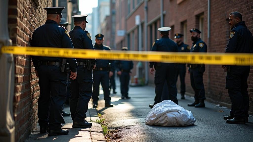 Crime scene tape stretches across an alley. Several police officers gather in an investigation. A body covered with a white sheet lies on the ground.