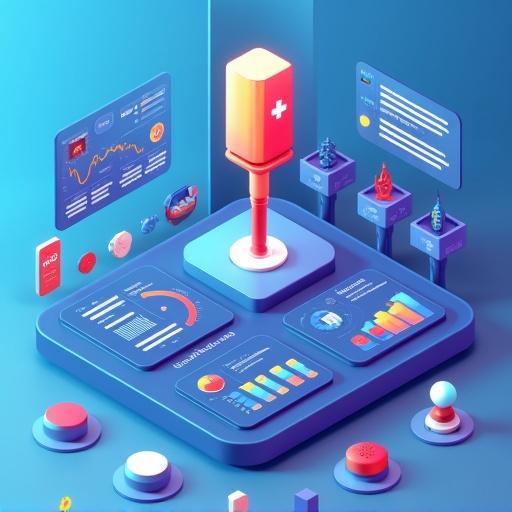 Isometric illustration showing AI-powered clinical trial dropout predictor interface. Dashboard displays patient risk levels in green yellow red. Includes dropout risk alerts graphs and medical icons. Clean blue red palette suits professional healthcare style.