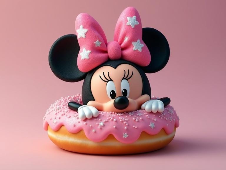 Minnie Mouse design features a cute mouse with a pink bow peeking from a frosted doughnut. The doughnut is embellished with colorful sprinkles. Bright and playful colors enhance the charm of the scene.