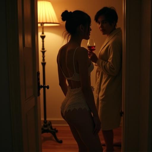 A dimly lit bedroom scene featuring a sissy in a lace dress kneeling. A lover in a silk robe stands in the doorway with wine. The atmosphere is tense yet intimate. Warm light contrasts with soft shadows. Focus on their charged exchange and body language.