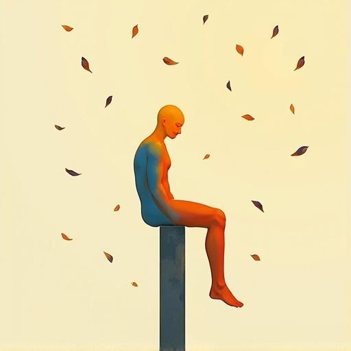 A minimalist surreal scene featuring a balanced bald human figure colored in orange blue and yellow. The figure is sitting on a tall bar centered in the image. Petals fall around the figure, creating a dreamlike atmosphere. Abstract forms and textured brushwork enhance the visual storytelling.