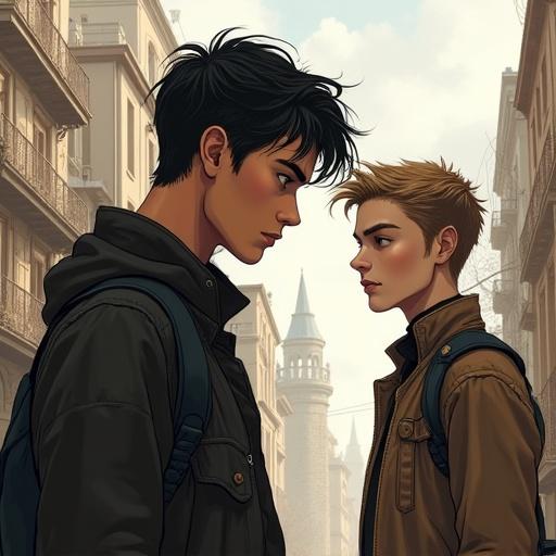 Illustration of two young men in a destroyed city. One has slanted eyes and an attractive appearance, the other has brown eyes and is slightly shorter. They share a secret love. Their expressions reveal deep emotions.
