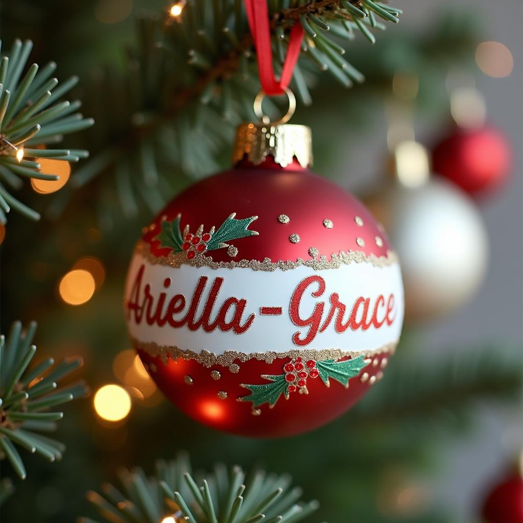 A close-up image of a personalized Christmas bauble featuring the name ‘Ariella-Grace’. The bauble is red and white, with gold accents and festive holly designs. It is hanging on a beautifully decorated Christmas tree, surrounded by warm, soft lighting. The image captures the essence of holiday spirit and personalization. The details of the bauble stand out against the backdrop of the tree's foliage and other ornaments.