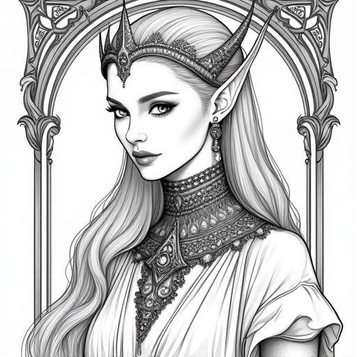Stunning black and white line art of a fantasy elven queen. Portrait features a regal elven woman with long flowing hair. She adorns an intricate pointed tiara with gemstones. Magnificent jeweled collar integrates with a high-collared gown. Art Nouveau-inspired patterns enrich the details. Gaze is serene yet powerful. Framed with ornate background elements. Clean lines and no color are used.
