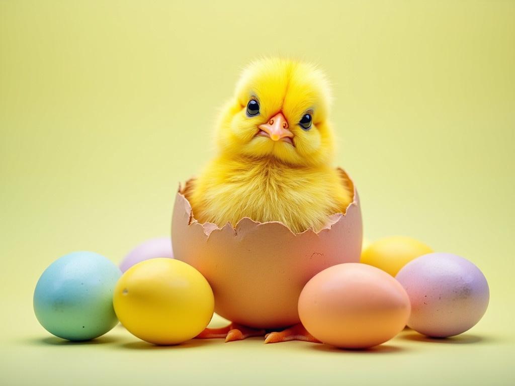 Happy Easter! A funny little chick is peeking out from a cracked eggshell. The chick has fluffy yellow feathers and a curious expression. It's standing on tiny orange feet, looking ready to celebrate. The colorful eggs are scattered around the chick, adding to the festive atmosphere. The background is bright and cheerful, enhancing the joyful spirit of Easter.