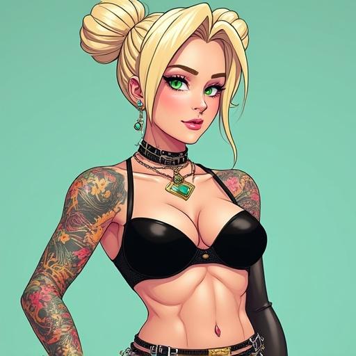 Futuristic anime character wearing edgy punk rock streetwear. Includes vibrant colors and intricate tattoos. Captures modern celebrity look.