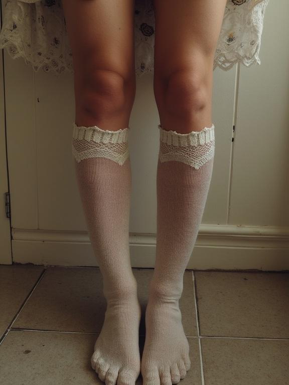 Thigh-high socks with lace details shown in a low resolution. The image has a pixelated look typical of older phone cameras. Compression artifacts are visible. Colors appear over-saturated with an unnatural tint. Captured from a frontal view, focusing on legs wearing socks.