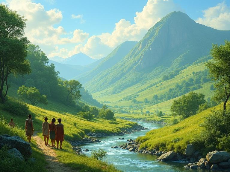 Vibrant prehistoric landscape with green hills and flowing rivers. Early humans in simple clothing walking together. Realistic style with bright natural light. Landscape features mountains and a river.